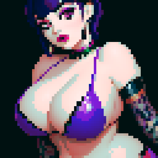 curvy, cute goth girl with purple hair, green eyeshadow, and red lipstick, in a nude glamour shot, rendered in pixel art with vibrant sRGB colors
