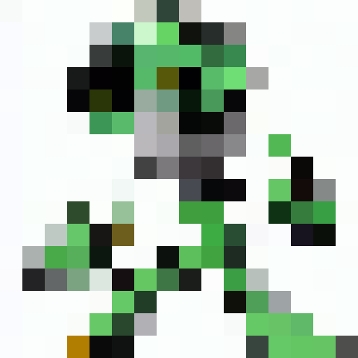 A silver and neon green robot, it's head is a radio or a tv. It's throat has a voicebox on it.