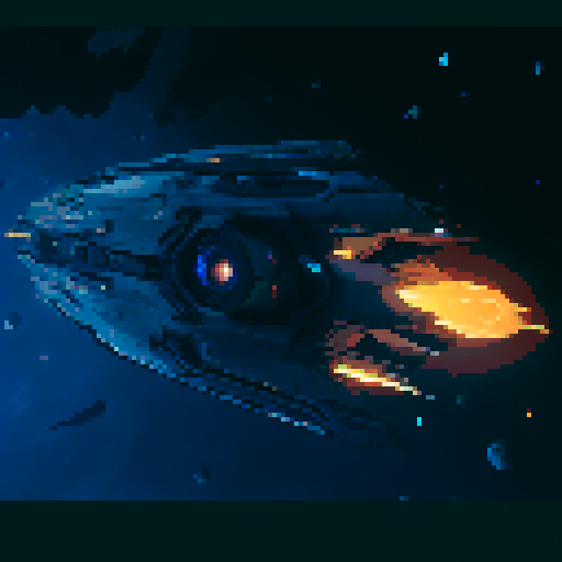 futuristic spaceship, topview, sleek and streamlined, hovering mid-air, pixelated sRGB aesthetic, retro-futuristic buttons, neon-lit control panel