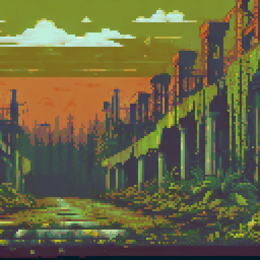 post-apocalyptic factory, hidden in the woods, abandoned machinery, rusted pipes, overgrown vines, decaying buildings, shattered windows, eerie silence, nature reclaiming, vibrant pixelated colors, sRGB palette, atmospheric landscape, yellowish/ green toxicated air
