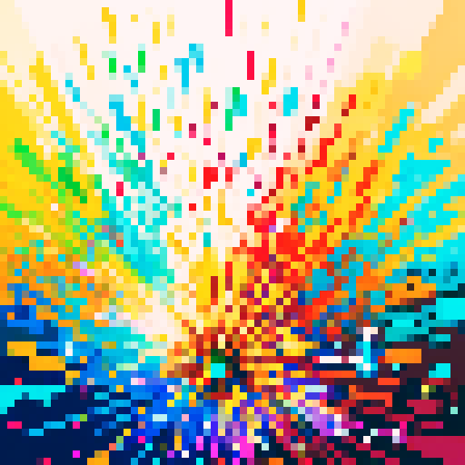 Colorful explosions, sparkling particles, vibrant bursts, pixellated brilliance, shimmering confetti, digital fireworks, retro charm, intricate details, vibrant color palette, pixelated magic