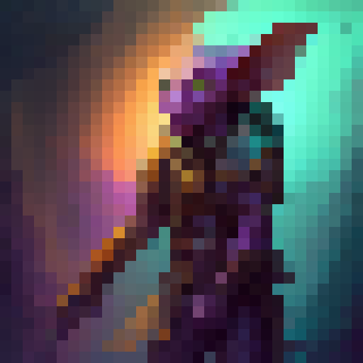 Colorful goblin warrior brandishing a wicked scimitar, surrounded by a vibrant rainbow of swirling magic, set against a dark, eerie forest backdrop.