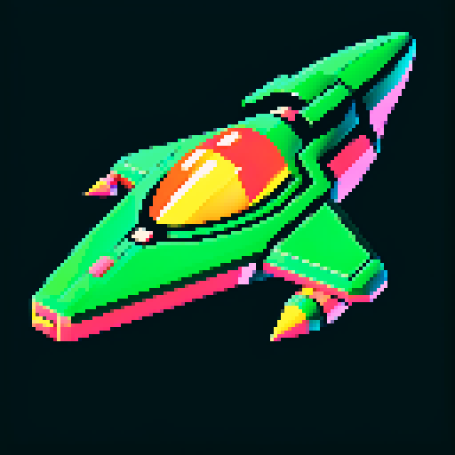 Green spaceship, retro, low resolution, vibrant colors, geometric shapes, angular design, glowing thrusters, metallic finish, glossy surface, starry background, cosmic atmosphere, sci-fi aesthetic, futuristic, extraterrestrial, otherworldly, nostalgic, video game-inspired