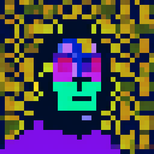 bull with large, curved horns, crypto punk character wearing a vibrant, futuristic avatar, depicted in a close-up, 32x32 pixel art portrait, showcasing intricate details with a vibrant sRGB color palette