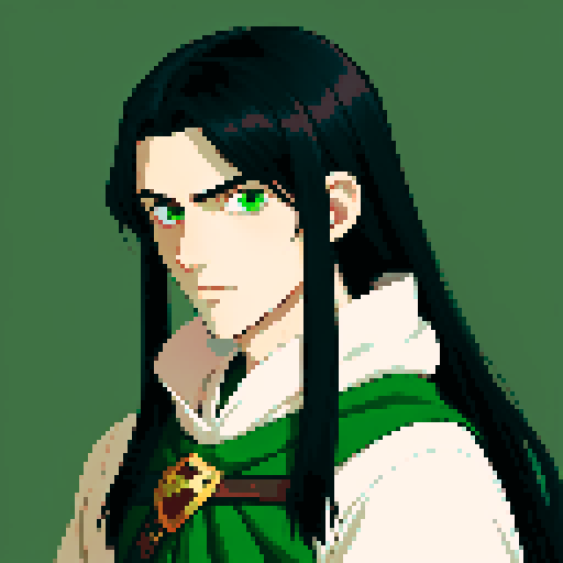 Young knight with long black hair, green eyes, handsome, anime style, fantasy medieval