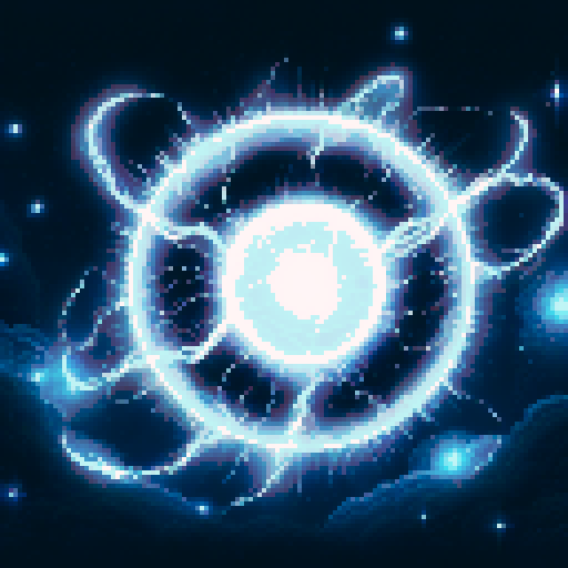 white, glowing, magical, electric orb, floating in space, wide image, sRGB, pixel art, background, landscape