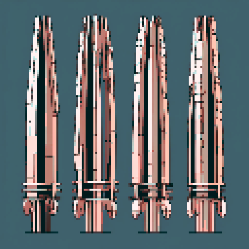 I want a tall vertical copper structure reminiscent of a organ pipe. It should have strange mechanical details that could interlock with each other. I also want this object usable an asset in a videogame, meaning only one object per image, outlined with a strong black stroke, on a solid-color background.