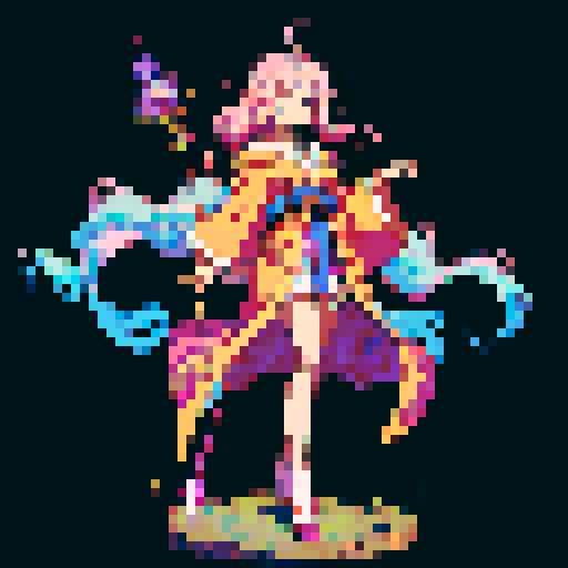 legendary anime girl wizard, long flowing hair, vibrant and dynamic colors, glowing magical staff, intricate and ornate robes, intense and focused expression looking to the right, not wearing shoes, sparkling and shimmering background, detailed and precise pixel art
