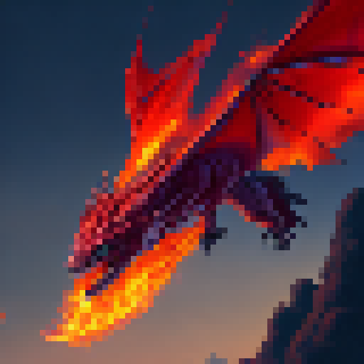 Fiery dragon soaring through a crimson sky, scales glinting in the sun, flames spewing from its jaws, ready to incinerate any foes in its path.