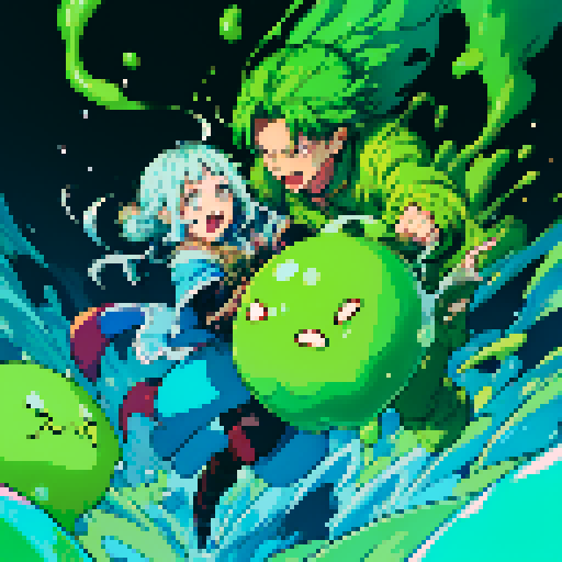 slime surging up around someone, slime engulfing a hero, slime consuming a hero, hero getting engulfed by slime, slime attack, dynamic, slime slamming into someone, impact, splashing slime, full-body image, full-body art, hero's hair and clothing color vary