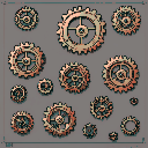 I want a copper gear that looks like it was made by a master clockmaker. It should have strange mechanical details that could interlock with each other. I also want this object usable an asset in a videogame, meaning only one object per image, outlined with a strong black stroke, on a solid-color background.