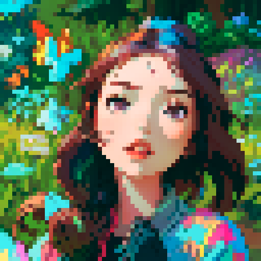 woman with flowing, vibrant hair adorned with flowers, holding a paintbrush and palette, surrounded by a whimsical garden filled with pixel art butterflies and glowing mushrooms