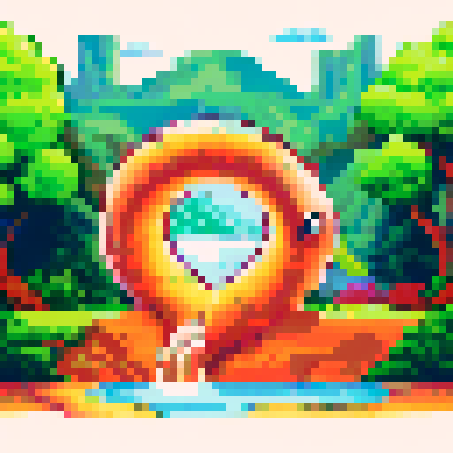 Pink dolphin swimming gracefully in a vibrant sRGB pixel art seascape, surrounded by a picturesque background of lush pixelated landscapes