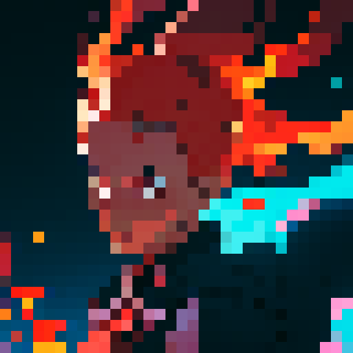 skill icon of a flame, vibrant colors, pixel art, dynamic motion, glowing embers, sharp edges, flickering light, high contrast, sRGB color space, fiery intensity, intricate details