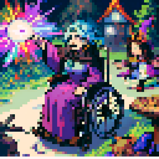 Wheelchair bound witch, colorful, whimsical, casting spells, surrounded by pixelated stars, vibrant sRGB hues, pixel art