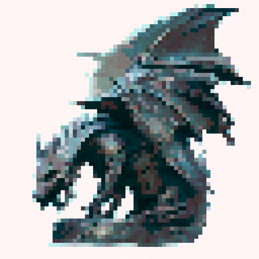 Grey stone dragon sitting in the ground in the middle of a dry wasteland, wings stretched upward with a long tail