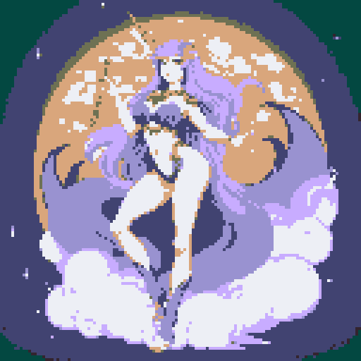 mystic druid wild woman mythological unicorn, faun body shape, animal-human hybrid, shift-shaper, cloven hooves, playful demeanor, full body, bathed in moonlight, pixel art, sRGB