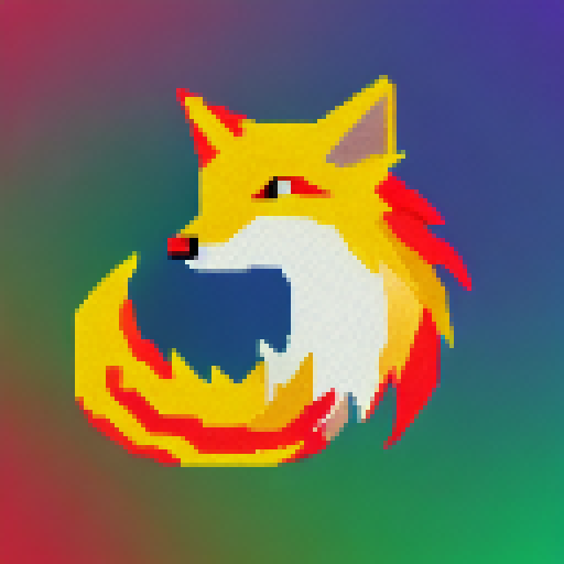 "Pixelated Flame Fox with rainbow hues, fiery aura, and piercing eyes depicted in a 16x16 pixelated portrait."