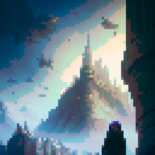 top view, majestic castle wall with intricate stone carvings and towering battlements, surrounded by a sprawling tilemap depicting a mesmerizing fantasy RPG world