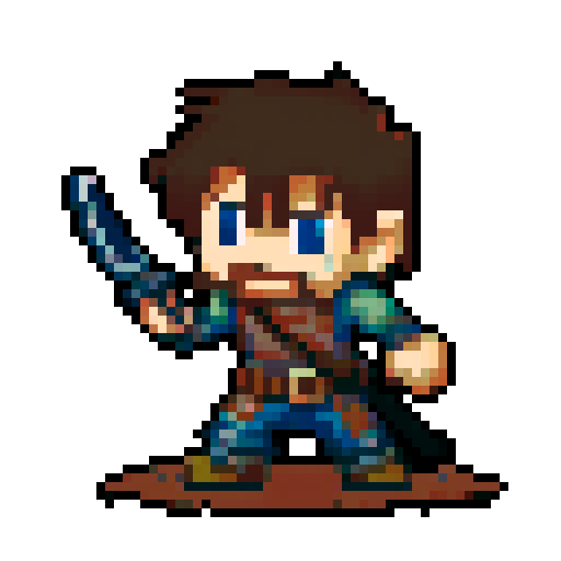 Create a 2D pixel art character for a post-apocalyptic game with a decay theme. The player is a rugged survivor, dressed in tattered clothes and worn-out armor, showing signs of exposure to a decaying world. The character wields makeshift weapons like a rusted blade or a crude gun. The color palette should include muted, earthy tones to emphasize the decay theme.