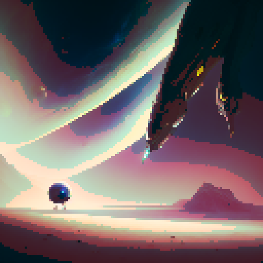 "Extraterrestrial feline with six spindly legs, rendered in a retro-futuristic style, lounging atop a floating metallic orb amidst a starry void."