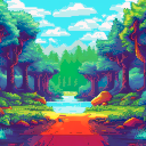 beautiful pine forest, opening in the center, sRGB, pixel art, background, landscape
