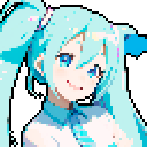 Hatsune Miku, square pfp, 64x64, smiling, pixel art, sRGB, vibrant hair, sparkling eyes, cute outfit, dynamic pose, glowing microphone