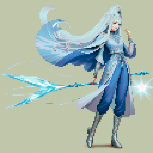 Hair: Shimmering silver, waist-length
Eyes: Ice blue, almost translucent
Skin: Fair, with a slight luminescence
Long, flowing cloak made of midnight blue velvet
Cloak adorned with intricate silver embroidery resembling constellations
Simple, elegant tunic and trousers underneath
Ankle boots made of soft, supple leather
Minimal jewelry, perhaps a silver pendant or bracelet
Tall and slender
Graceful posture
Carries an ancient staff made of gnarled oak, topped with a glowing crystal orb