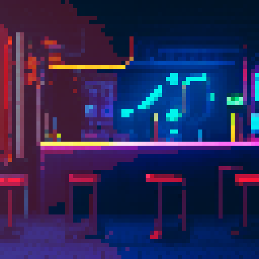 Create a pixel art illustration of a cyberpunk bar with a detailed bar counter. The scene should have a side-scroll perspective, capturing the bustling atmosphere typical of 2D games. Make sure to include neon lights, futuristic decor, and characters interacting within the bar. The image should have a trendy and stylish aesthetic, reflecting the vibrant and edgy nature of the cyberpunk genre.