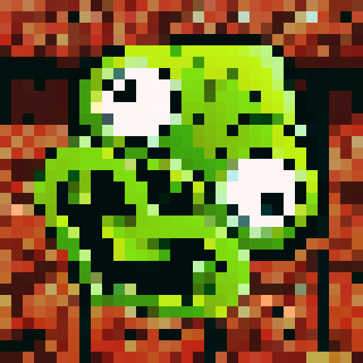 A twisted green Hei Tiki head, wide-eyed and contorted, exuding a mix of mischief and madness, stylized with bold lines and exaggerated features with dark brown māori carving background.  as a 32x32 pixel game icon, rendered with skillful pixel art in sRGB colors