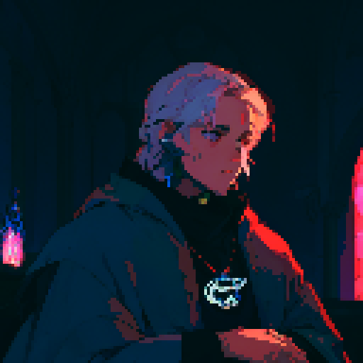 Priest, stained glass windows, vibrant colors, ornate robes, pixelated halos, illuminated Bible, candlelit altar, mosaic patterns, religious symbols, low resolution, retro aesthetic