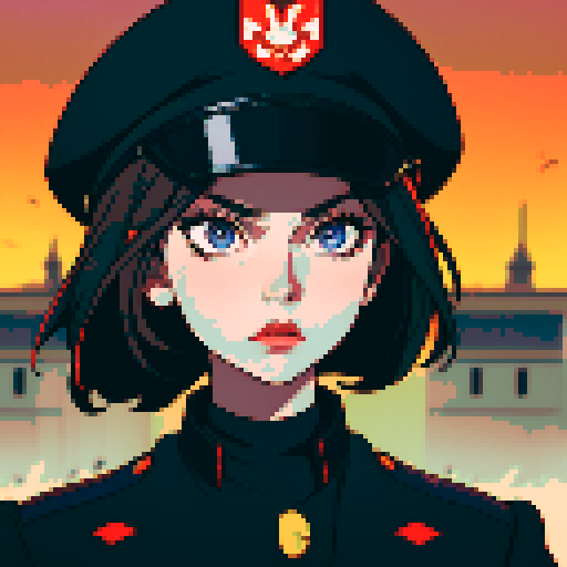 military general woman, black uniform, black hat, army behind her, fortress, evil