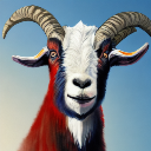 Goat, with shaggy fur and curved horns, stands confidently in front of towering speakers, blasting music and creating a vibrant landscape portrait.
