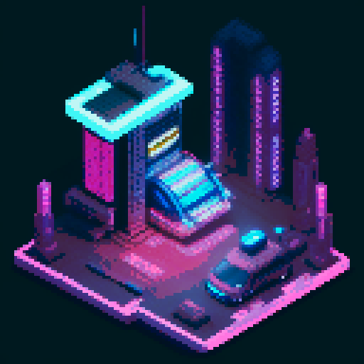 Futuristic city shop with gadgets and computers