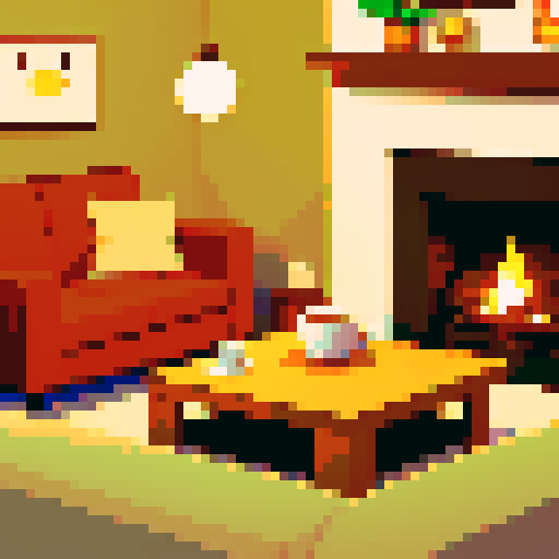 Cozy living room, crackling fireplace, warm glow, comfortable sofa, plush cushions, cute little frog, tiny feet dangling, content expression, small coffee table, steaming cup of coffee, aroma wafting, frog reaching out delicately, pixel art, sRGB