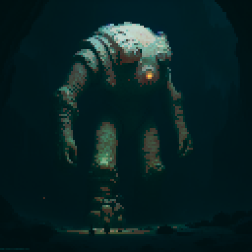 Giant golem made of rocks, wandering through a cave