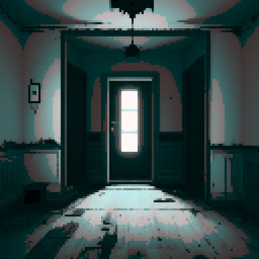 Generate an image of a gloomy and terrifying room in black and white. The environment should look abandoned and unmaintained, like a haunted house. In the center of the room, place a single slightly ajar door. The interior of the door should be completely dark, as if something is about to emerge from inside. Use grayscale to create a spooky and ominous atmosphere. Please, if possible, create the image in pixel art