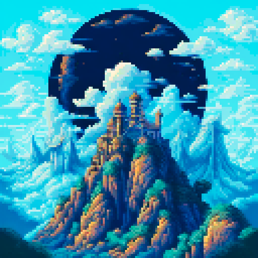 celestial skywalk, platforms floating in the ethereal abyss, vibrant colors contrasting against a dark sRGB background, pixel art depicting a majestic landscape, clouds