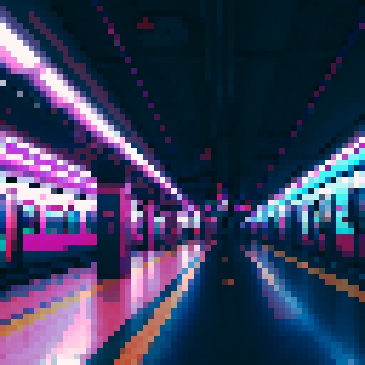 Subway metro train at a station platform emitting radio transmission beam, cyberpunk