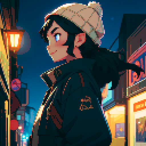 Night city street light background, profile picture, young girl, little smile, rounded face, blue eyes, short black hair, brown jacket, beige hat, facing directly