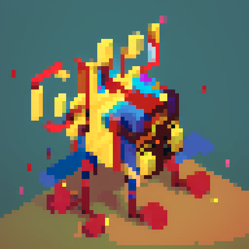  mixed arts, futurism, red. yellow, blue, pixel art, spider legs at bottom,  two horse head on Torso, golden heart as torso, crown, tri-colors, 2d, pixel, pixelized, monster mixed in arts