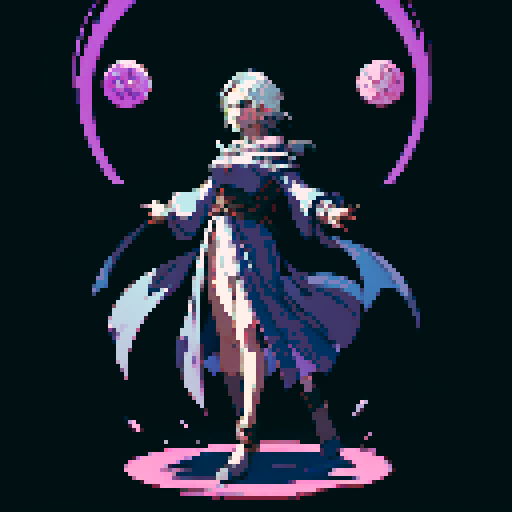 full-body image, sorceress facing right, sorceress ready to fight, evil sorceress, floating, arms out, magic circles, magic power, spell, evil sorceress, evil witch, magic symbols, ultimecia, final fantasy, sRGB, pixel art