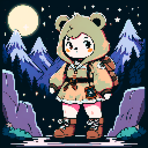 A graphic depiction of a chubby puffy bear in retro 1995 anime style, chibi form, half body, with expressive black eyes and brown fur, styled with long twin pigtails. Wearing magical clothes with intricate belts and patches. Background of a wild magic night with a dark waterfall and bright stars. Created Using: classic anime aesthetics, detailed magical garments, enchanting night setting, vivid portrayal, star reflections, dynamic composition, hd quality --ar 2:3 --v 6.0 niji