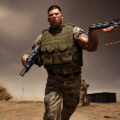 Military bulldog, muscular and fierce, wears a bullet-proof vest and holds a shotgun with a grim face, set in a zombie shooter game with apocalyptic background 