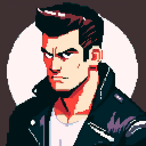 Muscular, tough greaser man with a pompadour hairstyle, wearing a motorcycle jacket, pixel art, sRGB colors, portrait, face avatar