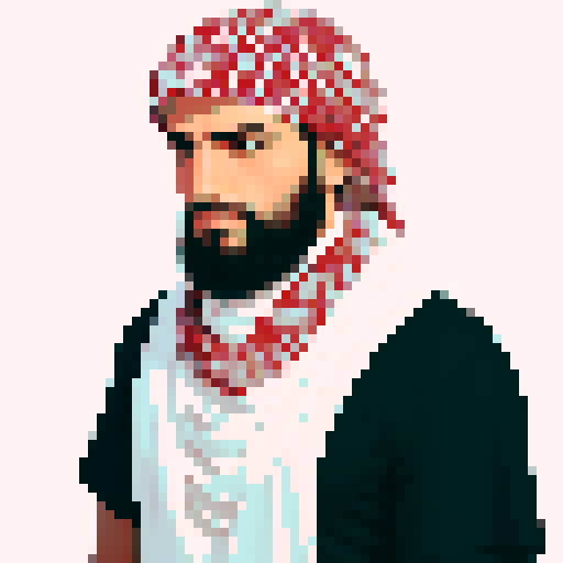 Create an image of a traditional Middle Eastern ghutrah (keffiyeh) with a classic white and red checkered pattern. The ghutrah should be draped over the head of a man.