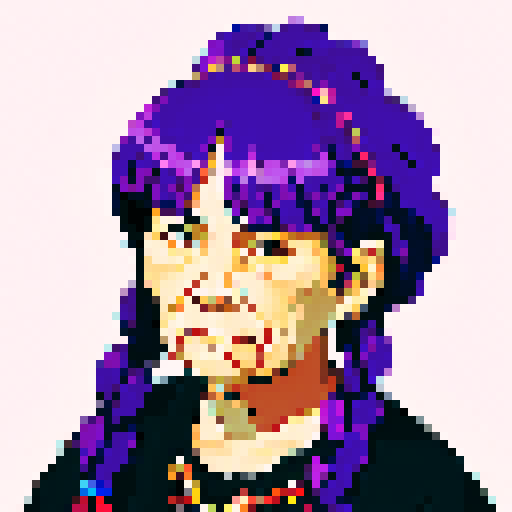 elderly native American woman with purple hair in short braids, and a soft smile