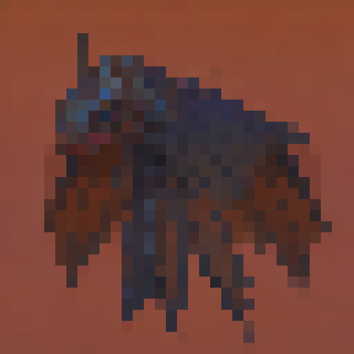 Fiery, winged serpent with shimmering scales, razor-sharp teeth, and glowing eyes, looming over a pixelated, medieval village in a fantasy RPG game.