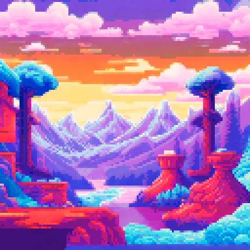 Snow-capped peaks towering over pine forests and frozen lakes, with a cozy cabin nestled in the valley, all rendered in a vibrant, pixelated art style on an sRGB background