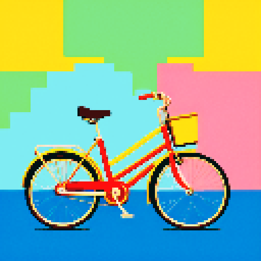 Bicycles, vibrant colors, retro feel, pixelated details, sRGB color space